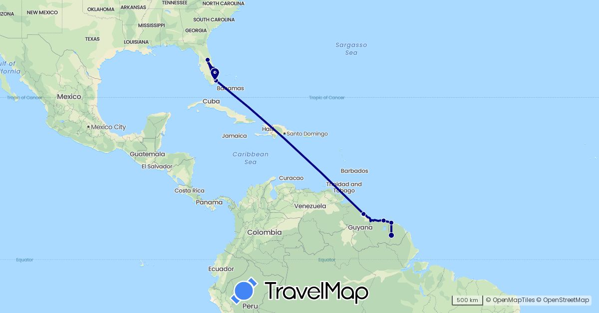 TravelMap itinerary: driving in France, French Guiana, Guyana, Suriname, United States (Europe, North America, South America)