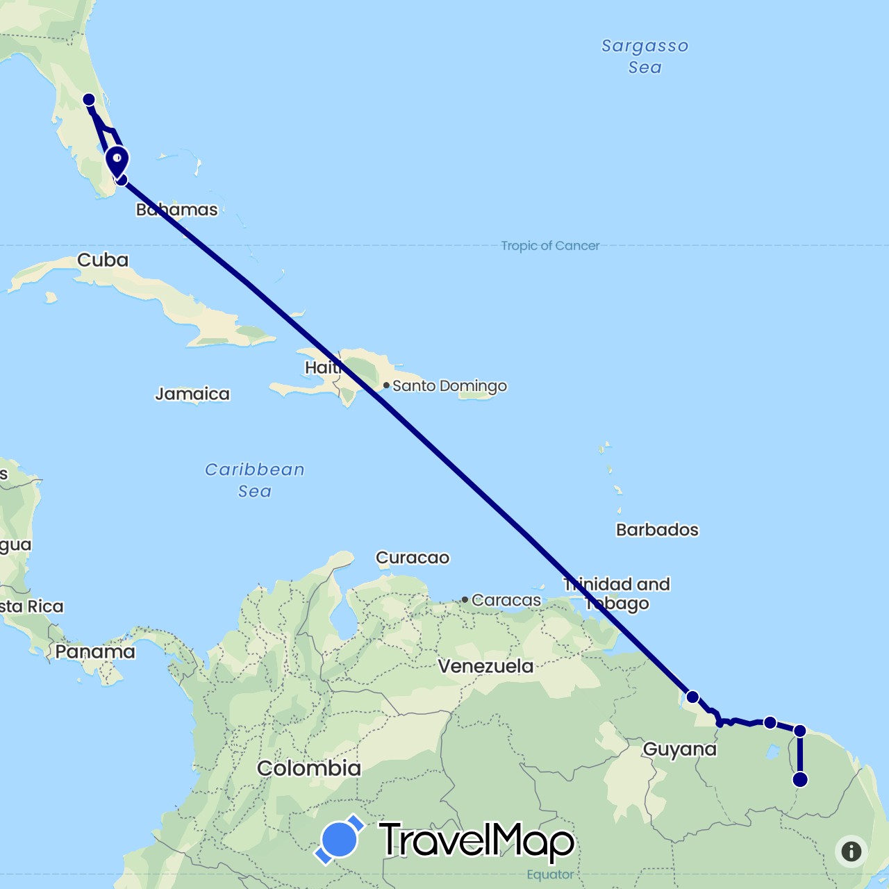 TravelMap itinerary: driving in France, French Guiana, Guyana, Suriname, United States (Europe, North America, South America)