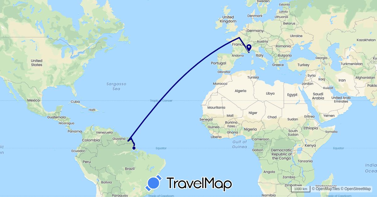 TravelMap itinerary: driving in Brazil, France (Europe, South America)