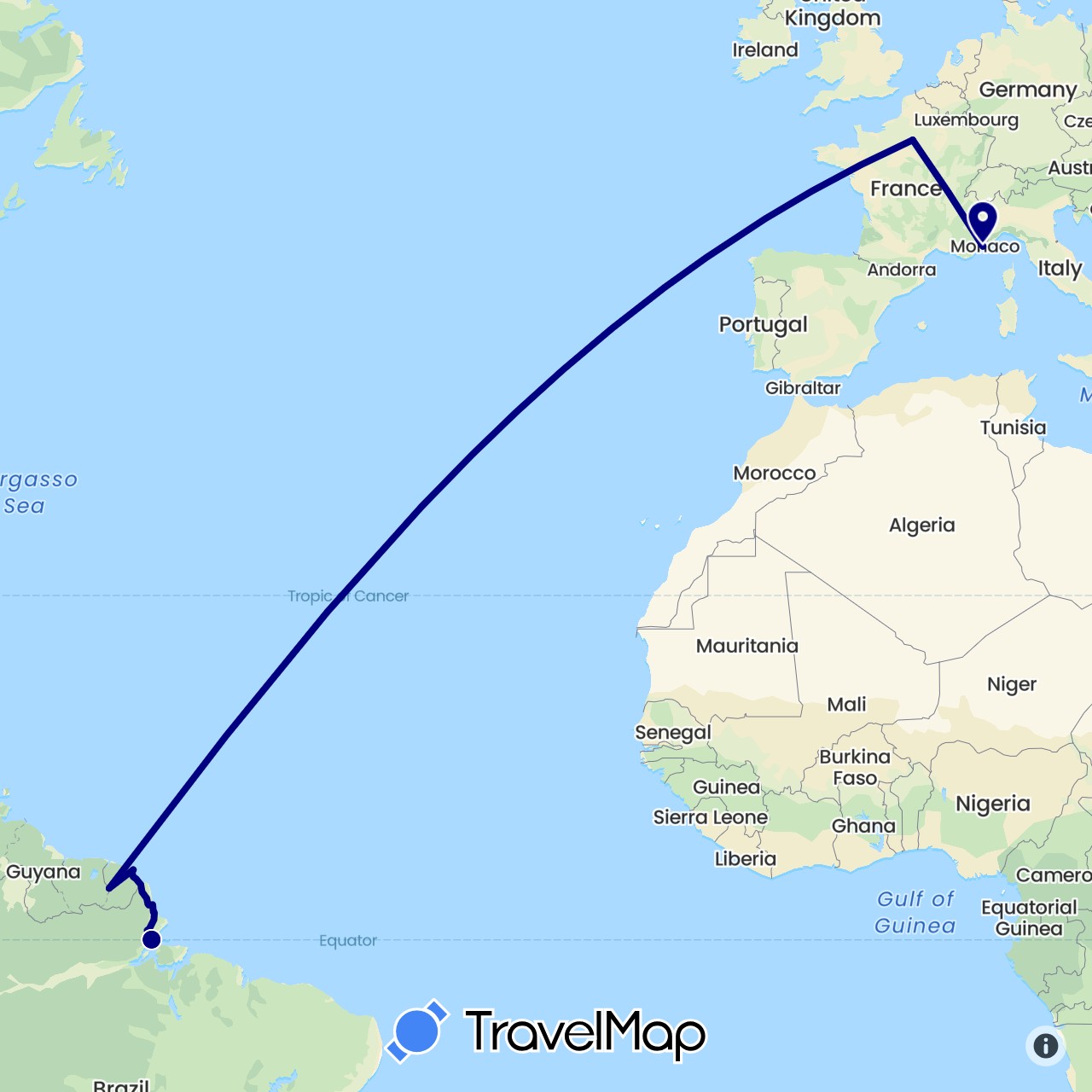 TravelMap itinerary: driving in Brazil, France (Europe, South America)