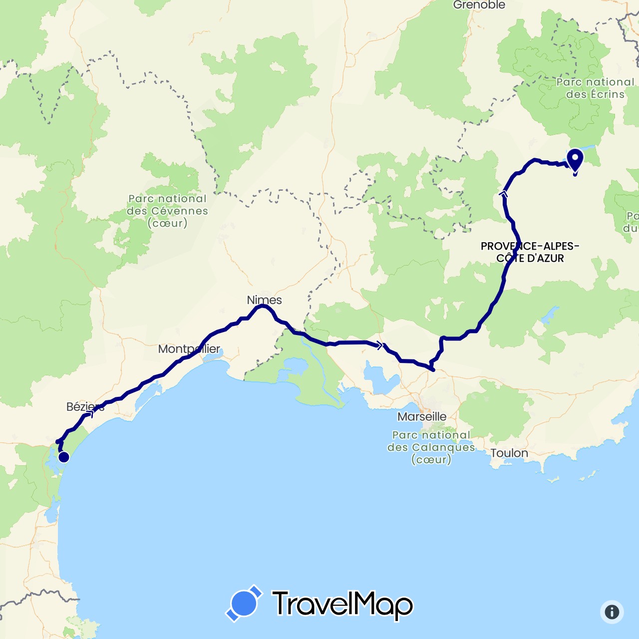TravelMap itinerary: driving in France (Europe)