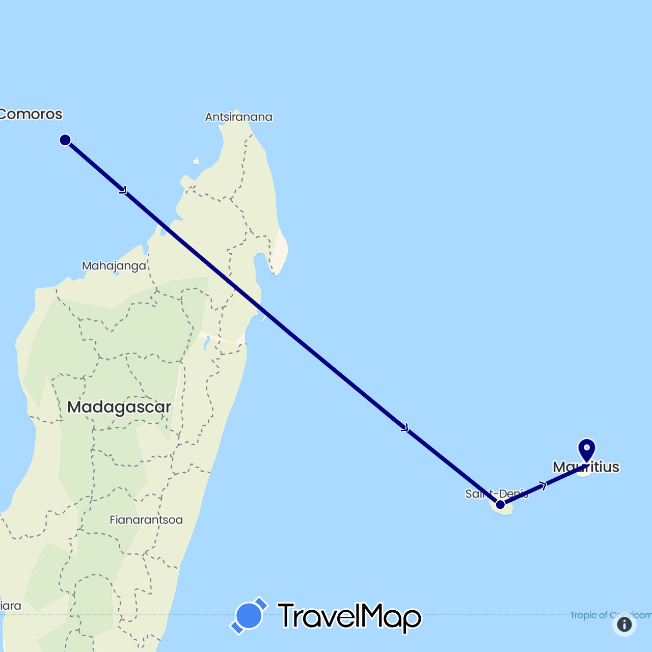 TravelMap itinerary: driving in France, Mauritius (Africa, Europe)