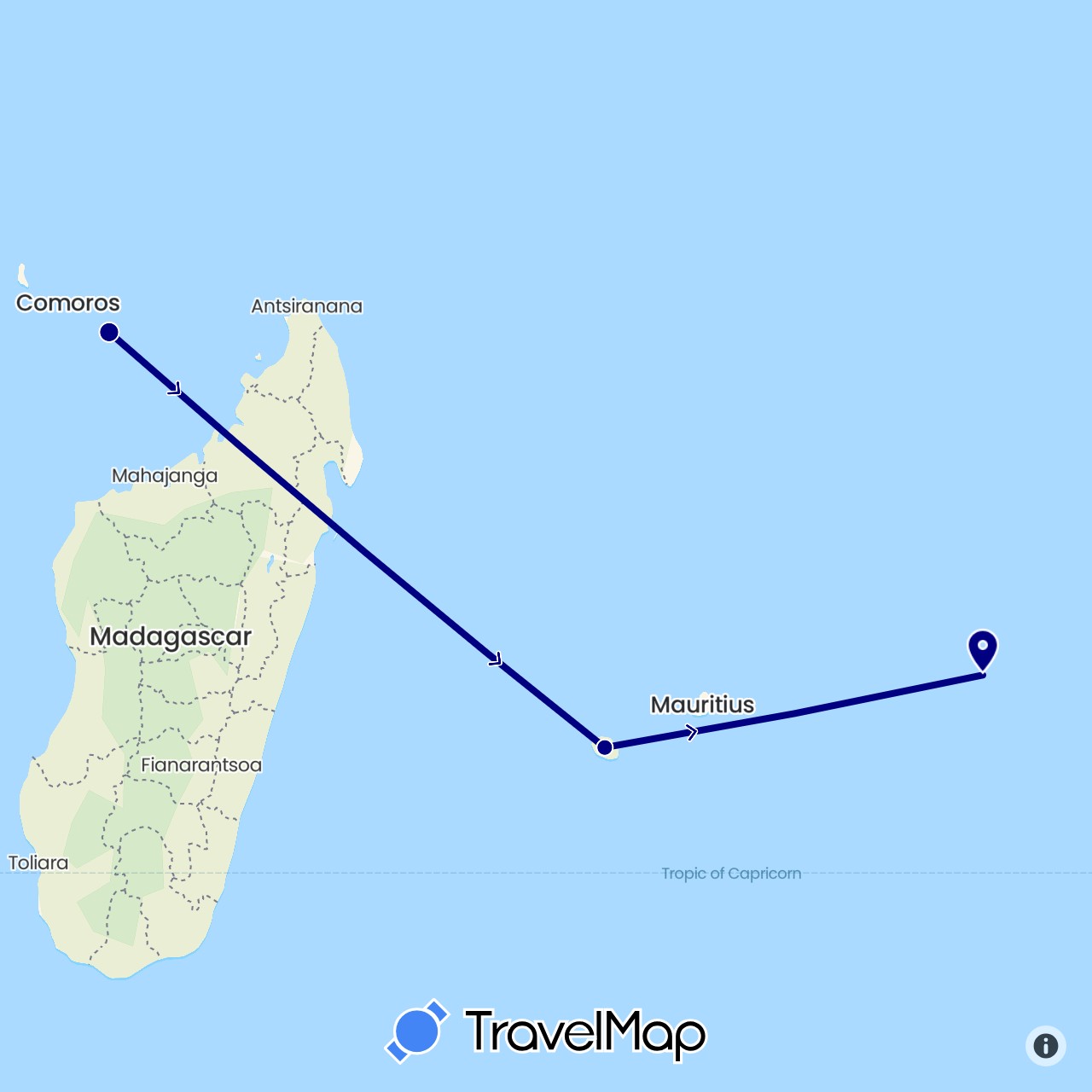 TravelMap itinerary: driving in France, Mauritius (Africa, Europe)