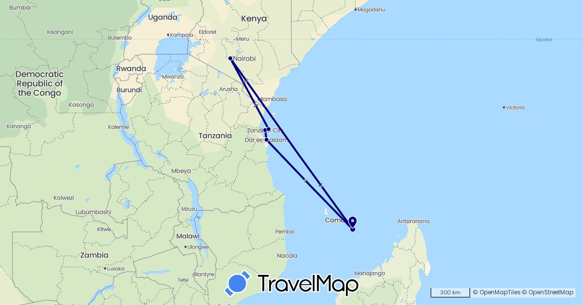 TravelMap itinerary: driving in France, Kenya, Tanzania (Africa, Europe)
