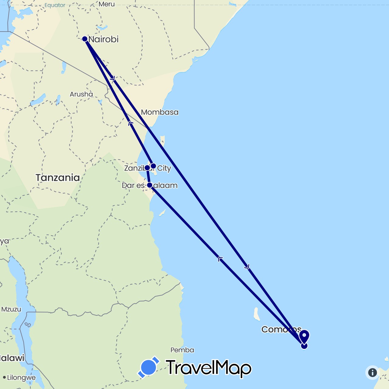 TravelMap itinerary: driving in France, Kenya, Tanzania (Africa, Europe)