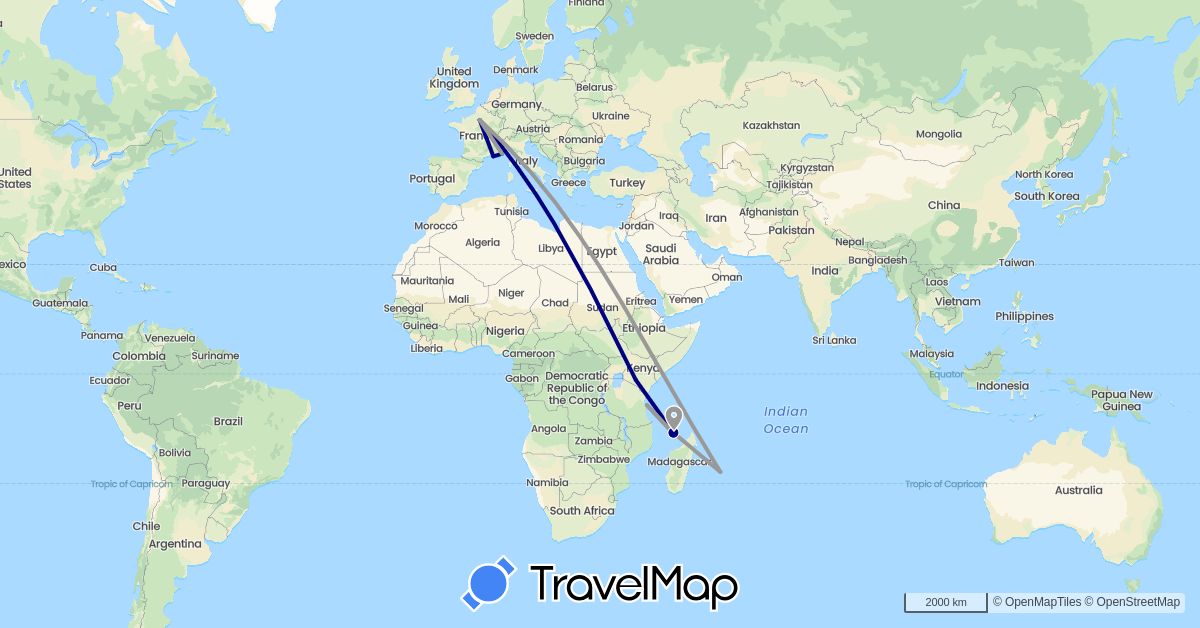 TravelMap itinerary: driving, plane in France, Kenya, Comoros, Tanzania (Africa, Europe)