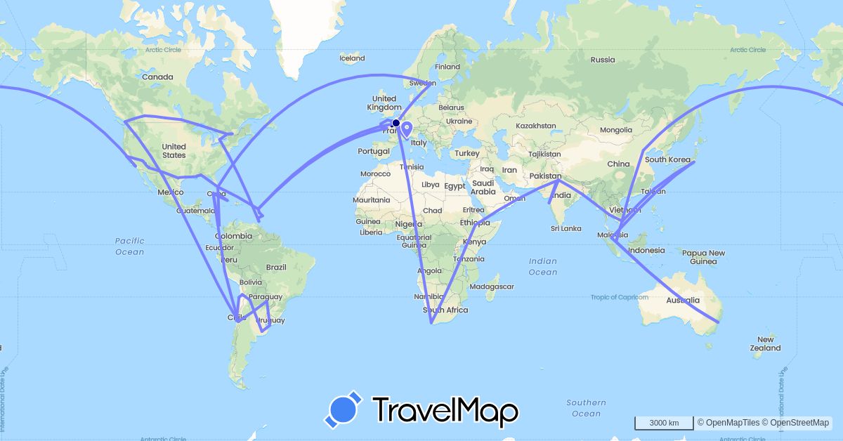 TravelMap itinerary: driving, cargo in Argentina, Australia, Barbados, Canada, Chile, China, Cuba, Ethiopia, France, Grenada, Guadeloupe, India, Japan, Martinique, Mexico, Malaysia, Panama, Peru, Paraguay, Sweden, Singapore, Thailand, Trinidad and Tobago, Taiwan, United States, Uruguay, Vietnam, South Africa (Africa, Asia, Europe, North America, Oceania, South America)