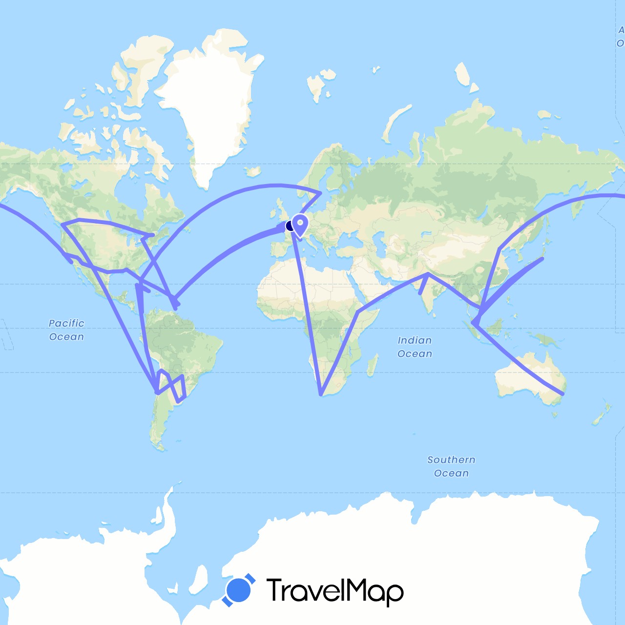 TravelMap itinerary: driving, cargo in Argentina, Australia, Barbados, Canada, Chile, China, Cuba, Ethiopia, France, Grenada, Guadeloupe, India, Japan, Martinique, Mexico, Malaysia, Panama, Peru, Paraguay, Sweden, Singapore, Thailand, Trinidad and Tobago, Taiwan, United States, Uruguay, Vietnam, South Africa (Africa, Asia, Europe, North America, Oceania, South America)
