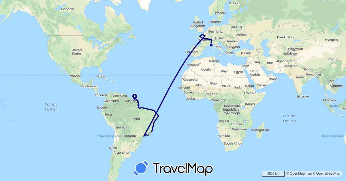 TravelMap itinerary: driving, plane in Brazil, Switzerland, France, French Guiana (Europe, South America)