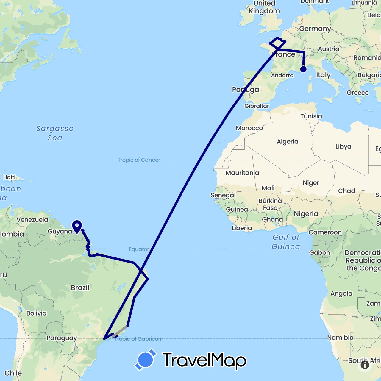 TravelMap itinerary: driving, plane in Brazil, Switzerland, France, French Guiana (Europe, South America)