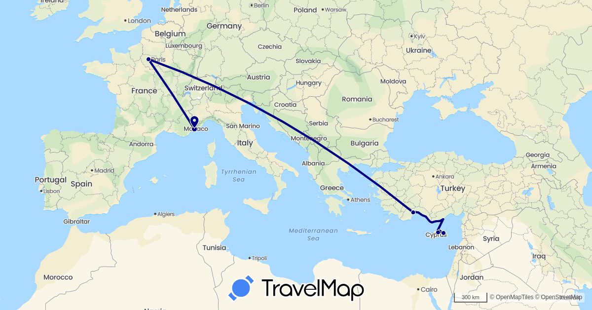 TravelMap itinerary: driving in Cyprus, France, Turkey (Asia, Europe)