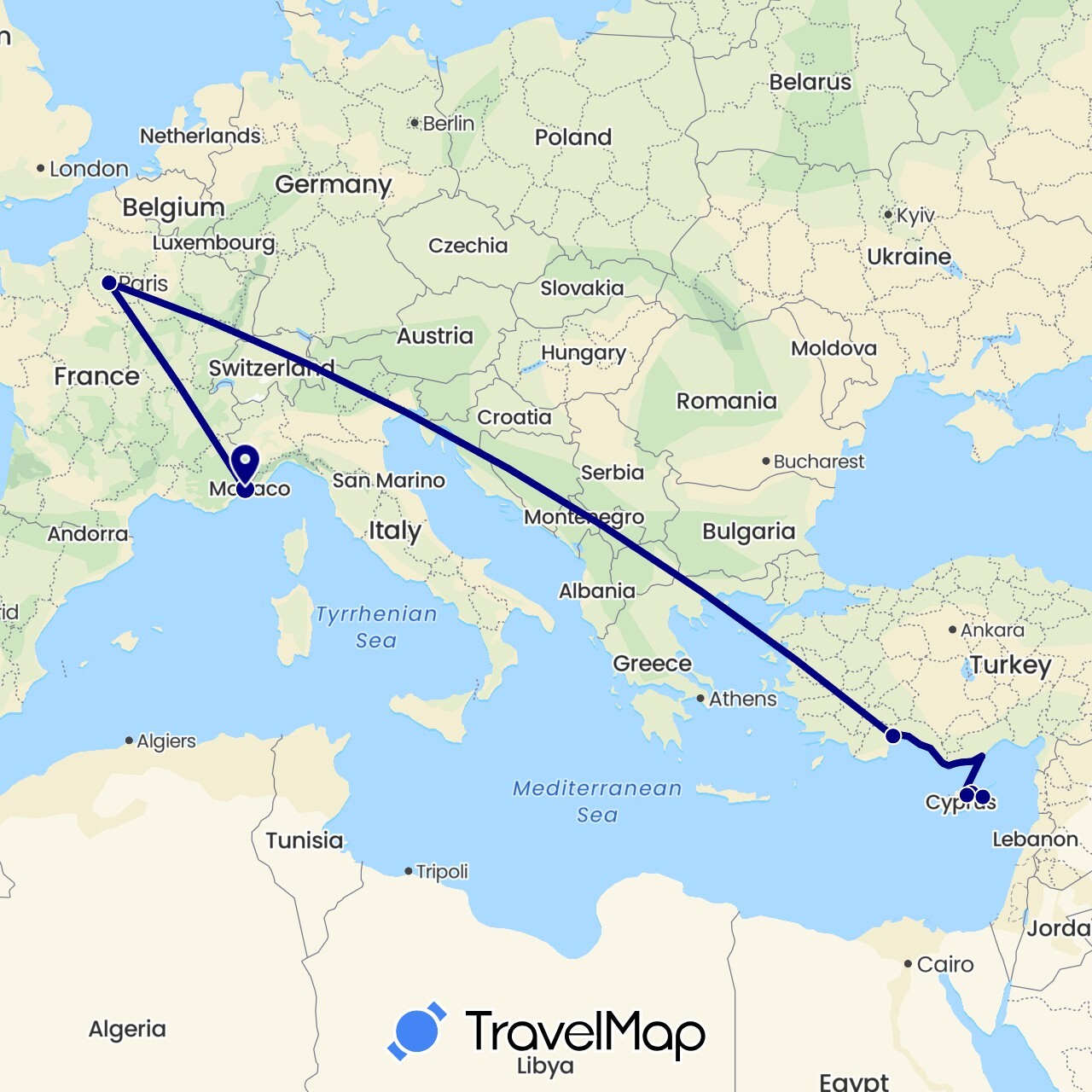 TravelMap itinerary: driving in Cyprus, France, Turkey (Asia, Europe)